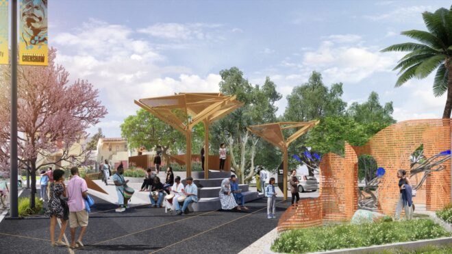 rendering of sculptures in a park