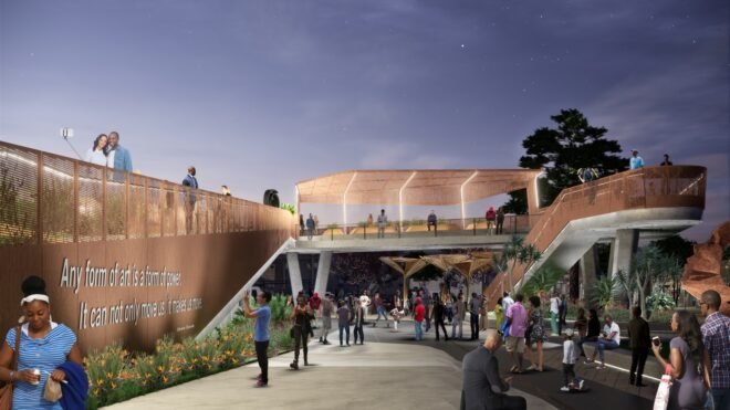 rendering of people walking near an elevated pathway