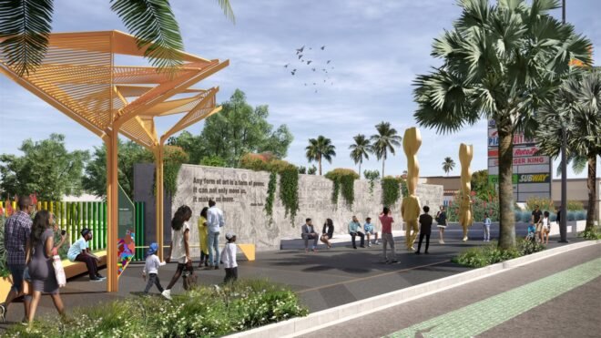 rendering of people walking in a pocket park