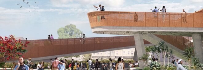 rendering of pathway above a busy street