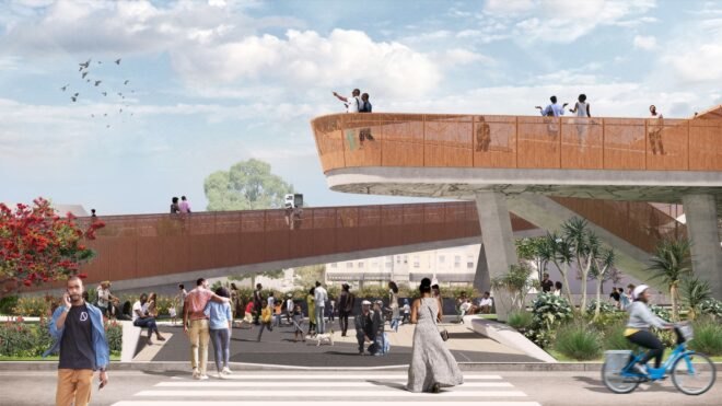 rendering of pathway above a busy street