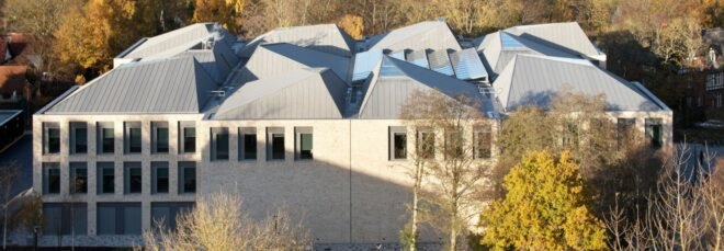 large building with asymmetrical roofs