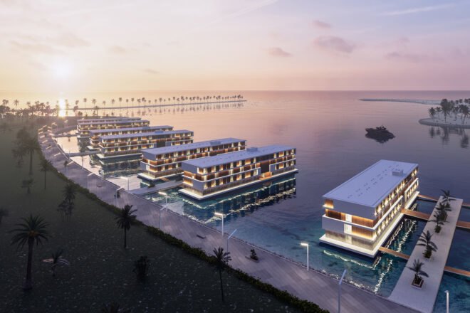 a coast with several floating hotels on the water