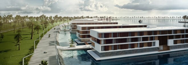 day-time shot of coastal floating hotels on the water