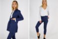 person wearing tailored navy jacket and pants with a white and gray striped blouse