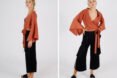 person wearing orange blouse with flowing sleeves and wide-leg black pants