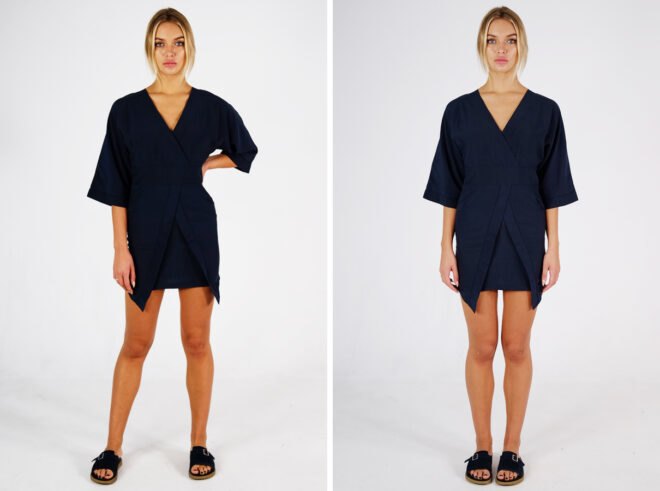 person wearing tailored navy dress