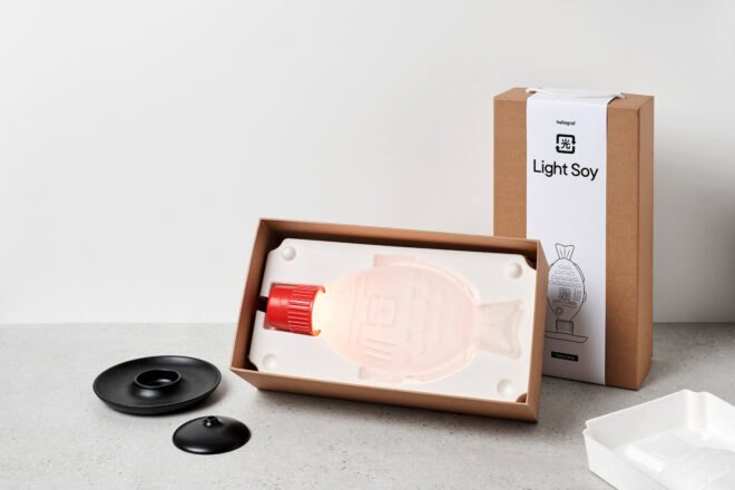 fish-shaped lamp packed inside a cardboard box