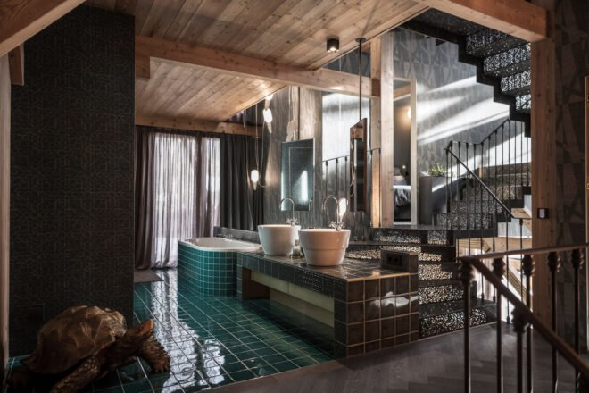 bathroom with blue tiles