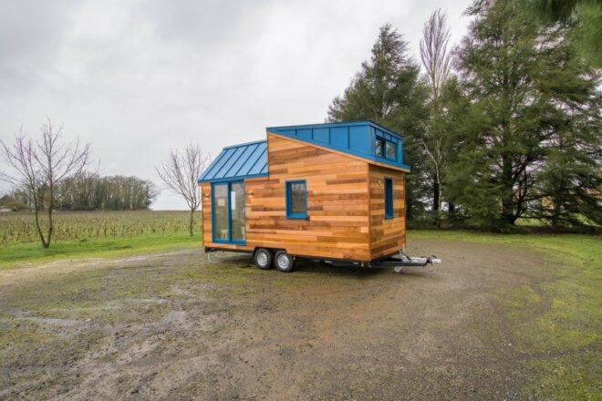 tiny home with dual pitched roofs