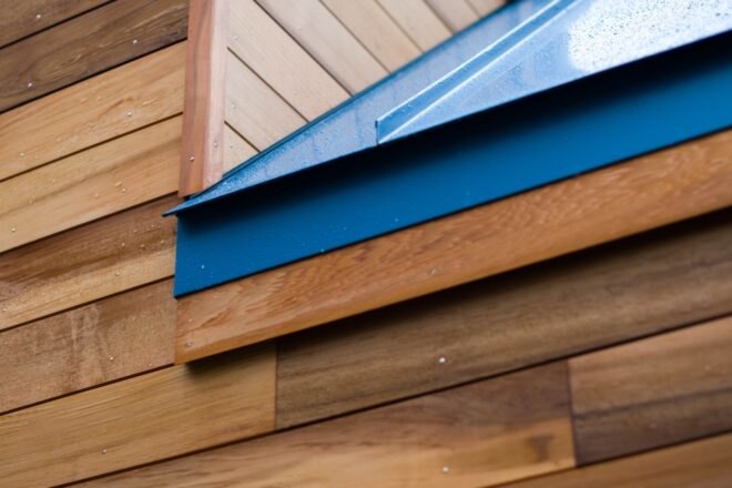blue aluminum roof on wooden building