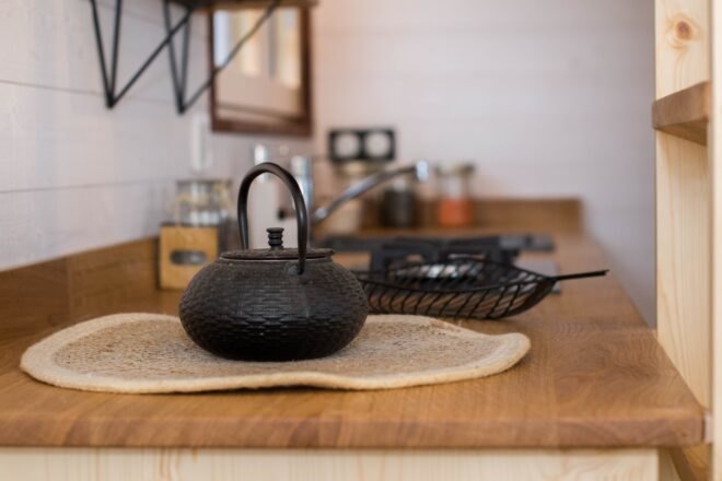 countertop with black tea set