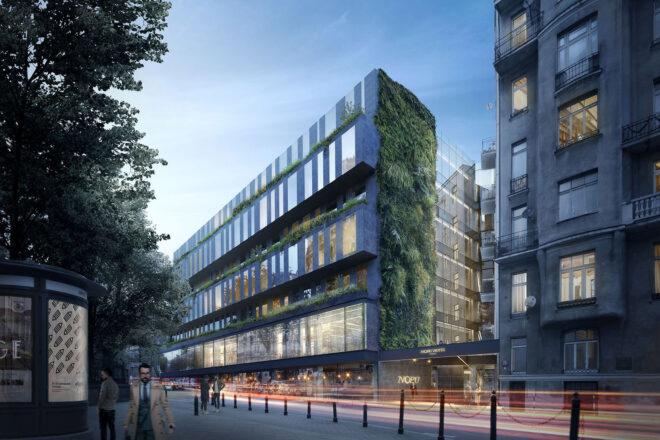 a multi-story city building covered in reflective surfaces