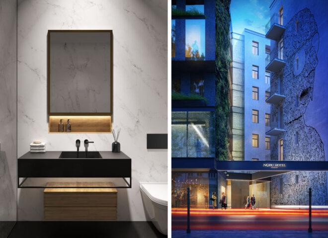 two photos: to the left, a bathroom with white marble walls. to the right, a vertical shot of the hotel building in the blue of early evening light