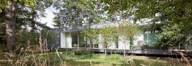 a one-story home with a glass facade