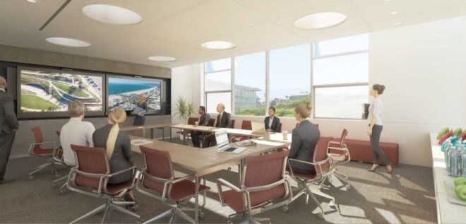 rendering of meeting room with large, O-shaped wood table