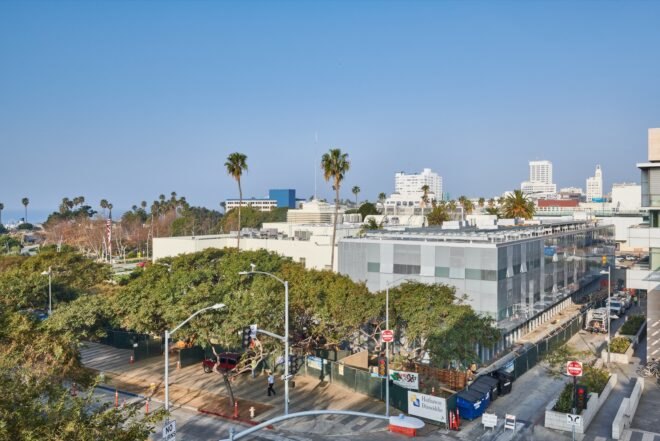 rectangular building with glass walls surrounded by palm trees