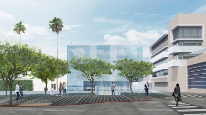 rendering of parking lot leading to a rectangular glass building