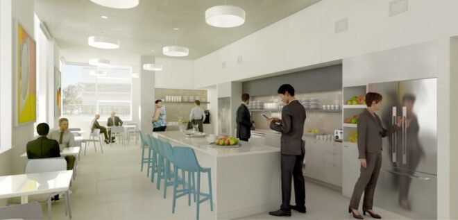 rendering of people in a communal kitchen