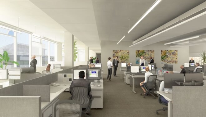 rendering of people working at desks in an open office