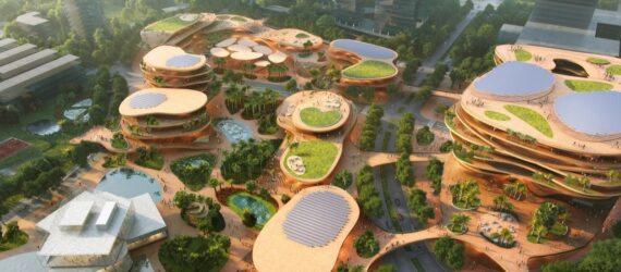 aerial rendering of curved buildings with green roofs and solar panels