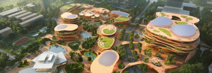 aerial rendering of curved buildings with green roofs and solar panels