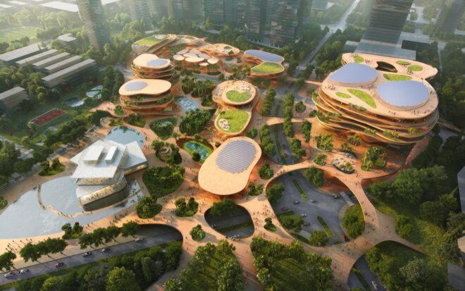 aerial rendering of curved buildings with green roofs and solar panels