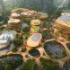 aerial rendering of curved buildings with green roofs and solar panels