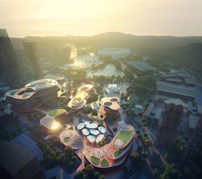 aerial rendering of clustered curvy buildings