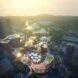 aerial rendering of clustered curvy buildings