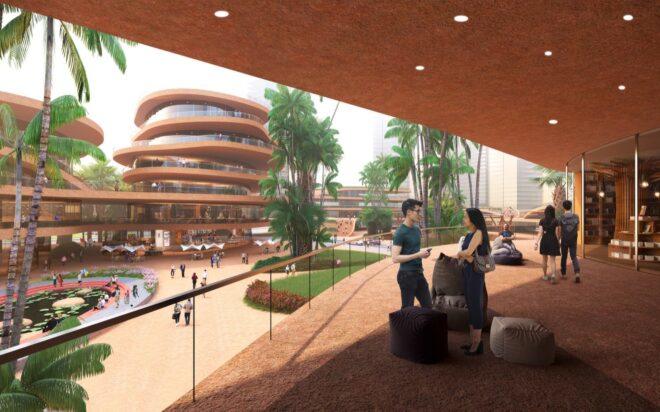 rendering of people standing on an outdoor balcony