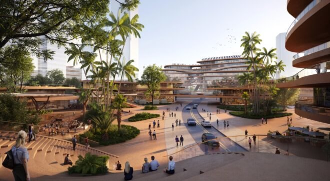 rendering of people walking on path between buildings