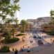rendering of people walking on path between buildings