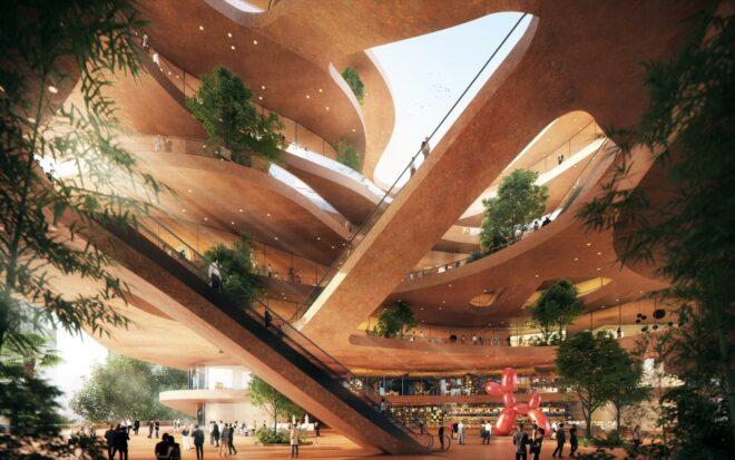 rendering of building with aerial walkways