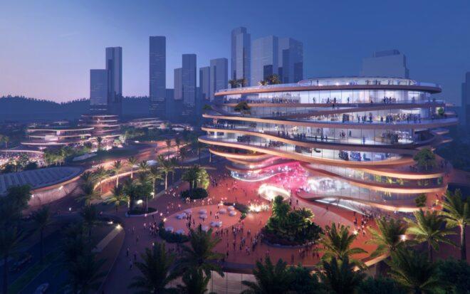 rendering of tall curvy buildings with glass walls