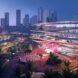 rendering of tall curvy buildings with glass walls