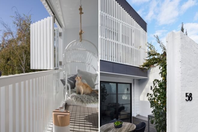 On the left, balcony with hanging chair. On the right, two-story home with white and gray exterior and a sliding glass door.