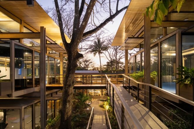 evening shot of exterior walkway connecting buildings