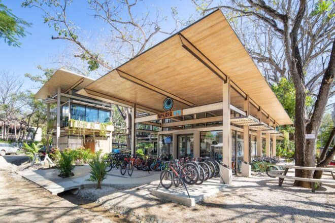 cube-like building with ample bike parking out front