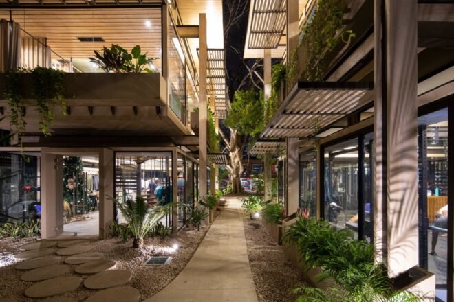 outside space surrounding large buildng