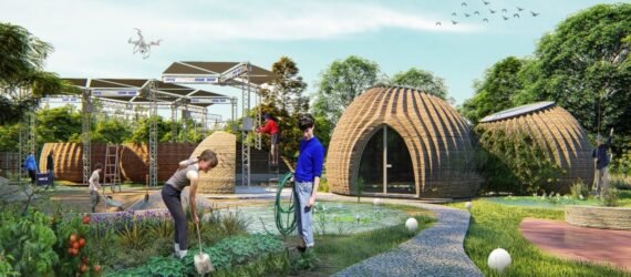 people gardening in front of two domed structures