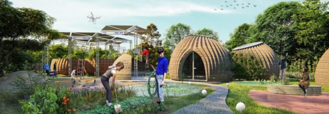 people gardening in front of two domed structures