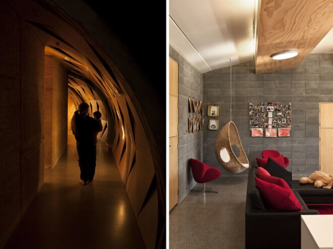 two images: to the left, a person holding a child and walking down a dimly lit hallway. to the right, the interior of a room with red furniture accents and a hanging chair