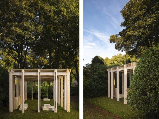 two images: to the left, a rectangular side of the Community Classroom, surrounded by trees. to the right, a partially obscured view of the Community Classroom, surrounded by greenery.