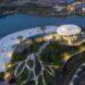 aerial image of waterfront pavilion and beach