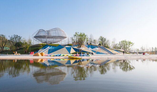 colorful canoes near a geometric sidewalk