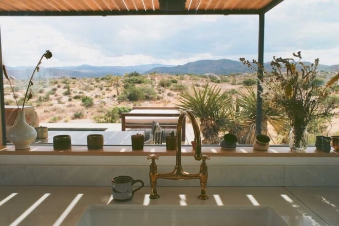 view of outdoor deck from kitchen