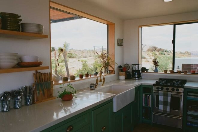 kitchen space with large windows