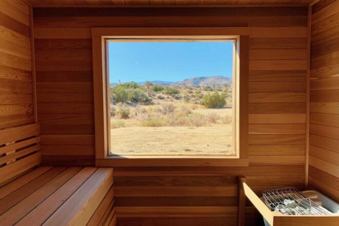 sauna room with large square window
