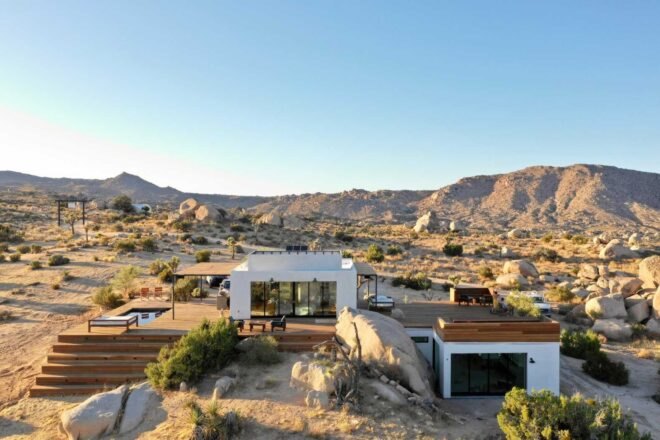 tiny retreat in the middle of a desert landscape